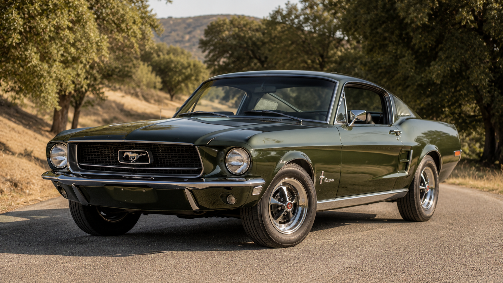 1968 Ford Mustang Fastback on a scenic country road
