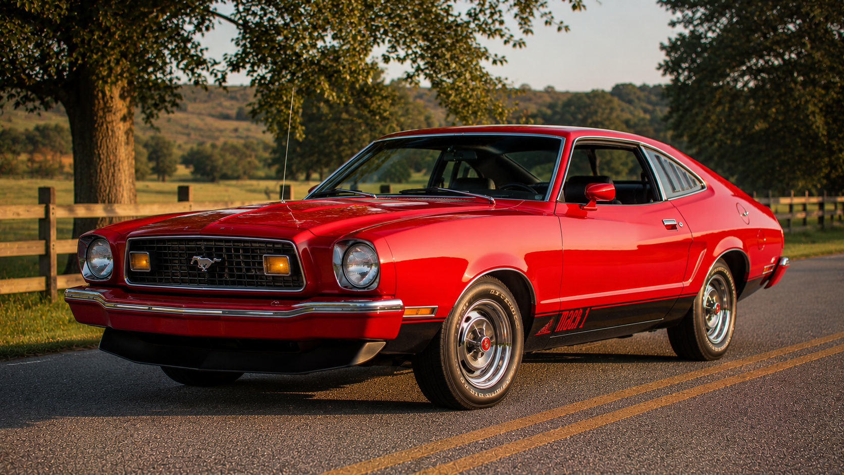 Bright Red 1974 Ford Mustang II Mach 1 front three-quarter view