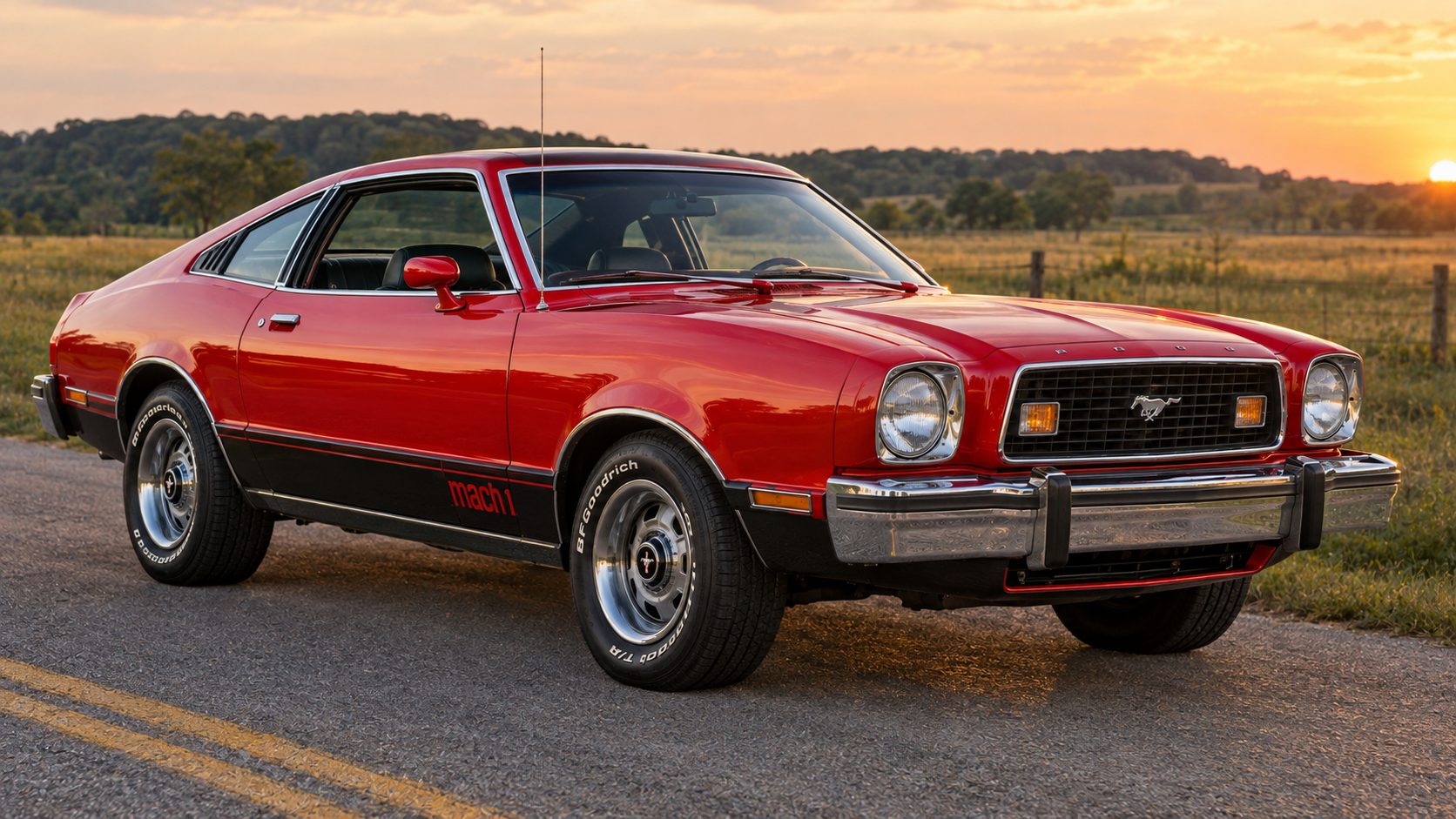 Bright Red 1975 Ford Mustang II Mach 1 hatchback, front three-quarter view on a country road