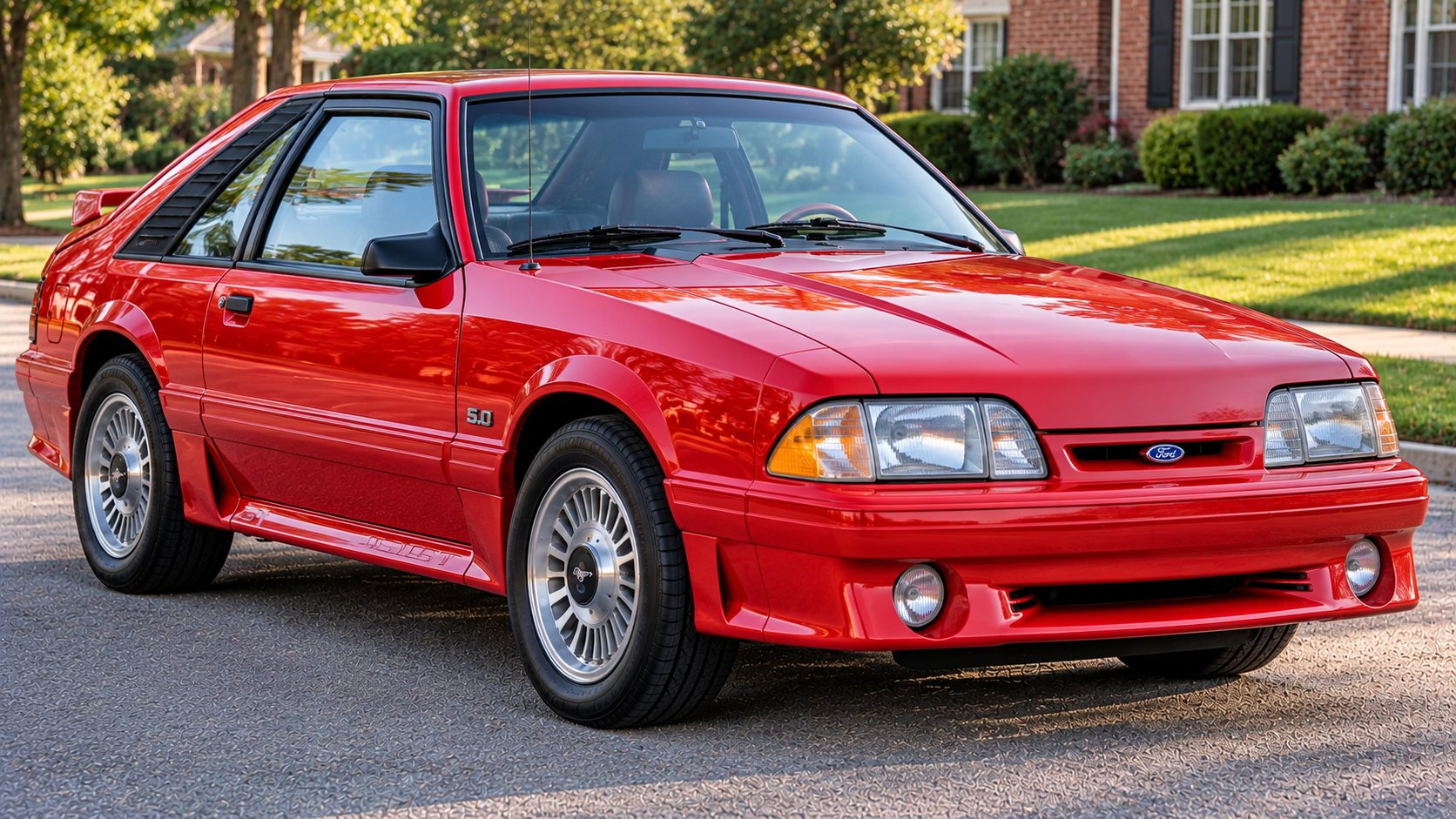 Red 1987 Ford Mustang GT hatchback with the new Aero front end and fog lamps, front three-quarter view